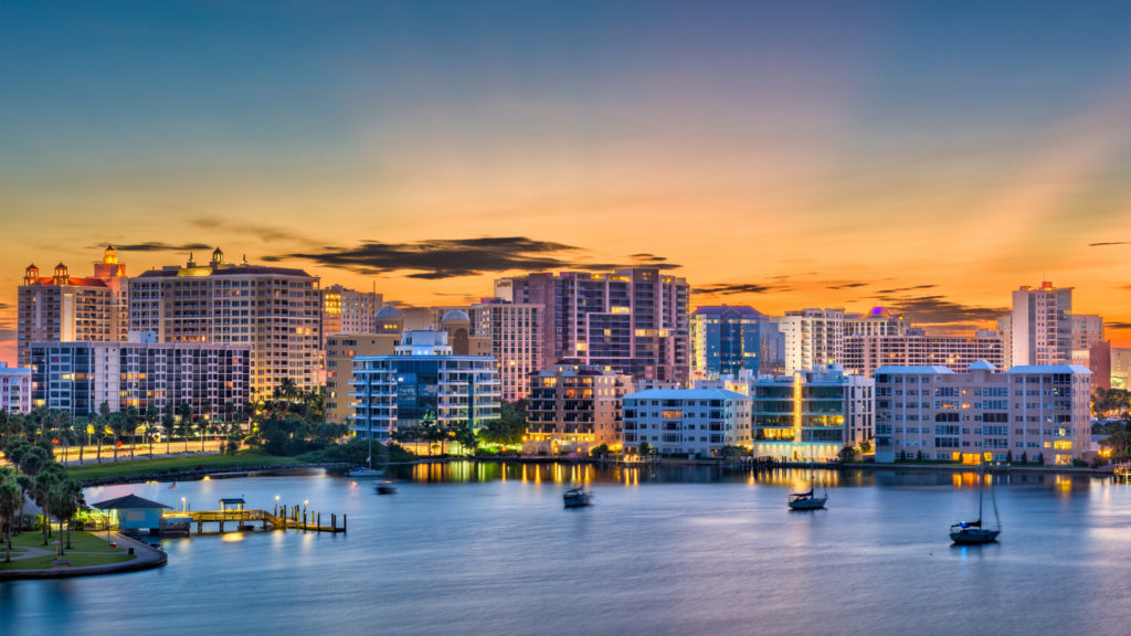 AERIAL VIEW OF DOWNTOWN SARASOTA EVENING